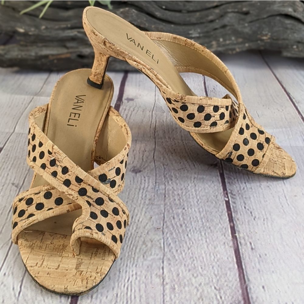 Vaneli Polkadot Cork Kitten Heel Sandals